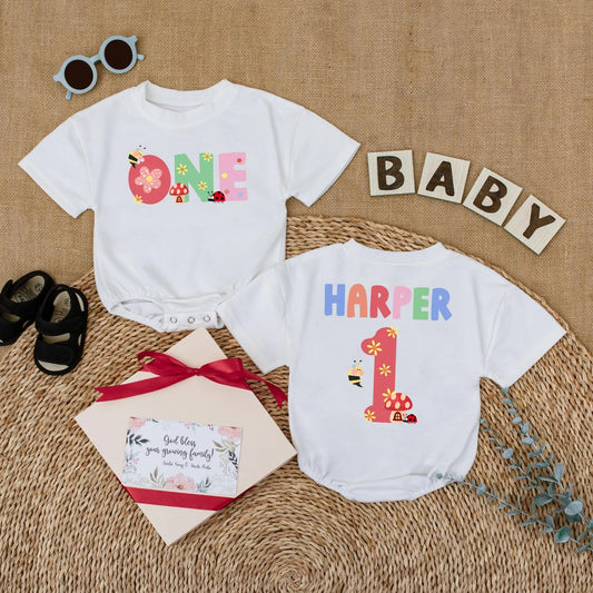Personalized Baby Girl First Birthday Romper Summer Bug Bodysuit Cake Smash Outfit Cute Ladybug Wildflower Garden Party Gift