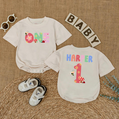 Personalized Baby Girl First Birthday Romper Summer Bug Bodysuit Cake Smash Outfit Cute Ladybug Wildflower Garden Party Gift