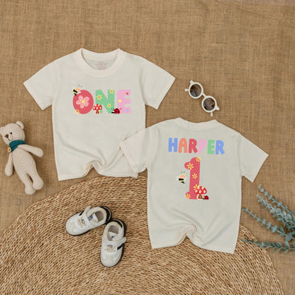 Personalized Baby Girl First Birthday Romper Summer Bug Bodysuit Cake Smash Outfit Cute Ladybug Wildflower Garden Party Gift