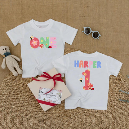 Personalized Baby Girl First Birthday Romper Summer Bug Bodysuit Cake Smash Outfit Cute Ladybug Wildflower Garden Party Gift