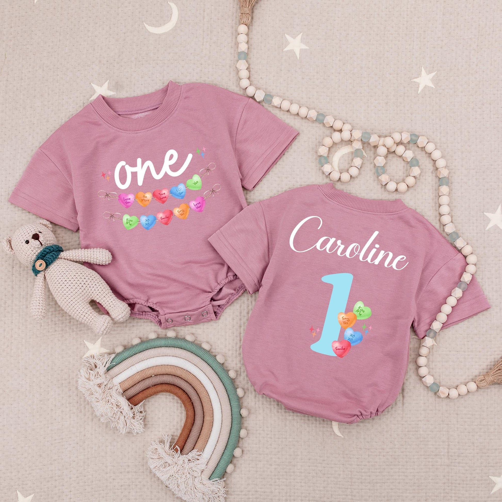 Personalized Candy Hearts First Birthday Romper for Baby Girl with Pastel Love You Be Mine Messages One Year Old Babysuit