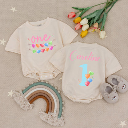 Personalized Candy Hearts First Birthday Romper for Baby Girl with Pastel Love You Be Mine Messages One Year Old Babysuit