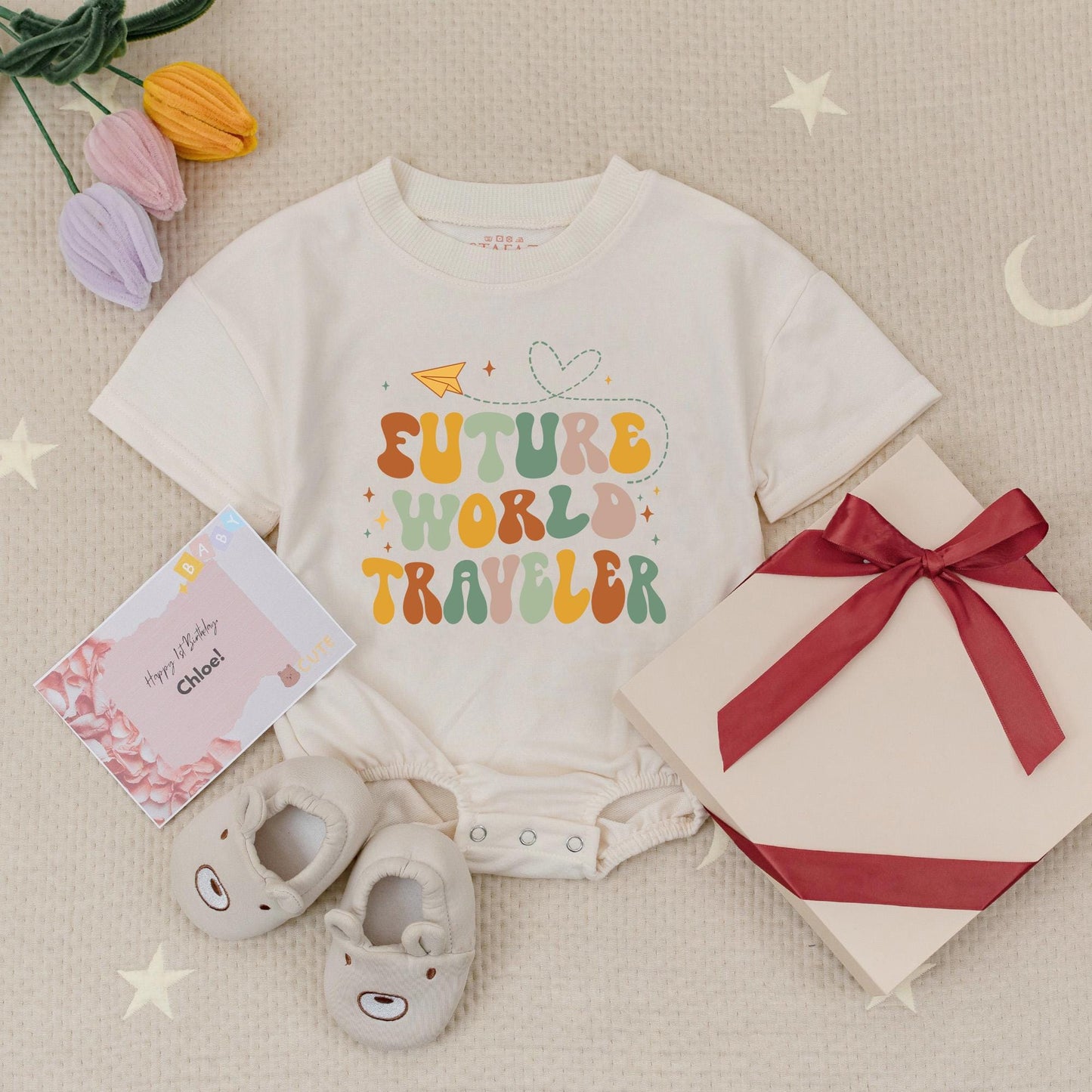 Future World Traveler Baby Romper Retro Adventure Bodysuit with Airplane & Heart Design Baby Gift Announcement for Girls & Boys