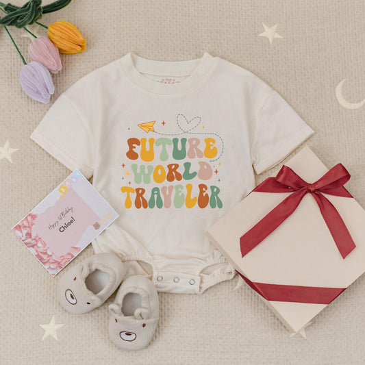 Future World Traveler Baby Romper Retro Adventure Bodysuit with Airplane & Heart Design Baby Gift Announcement for Girls & Boys