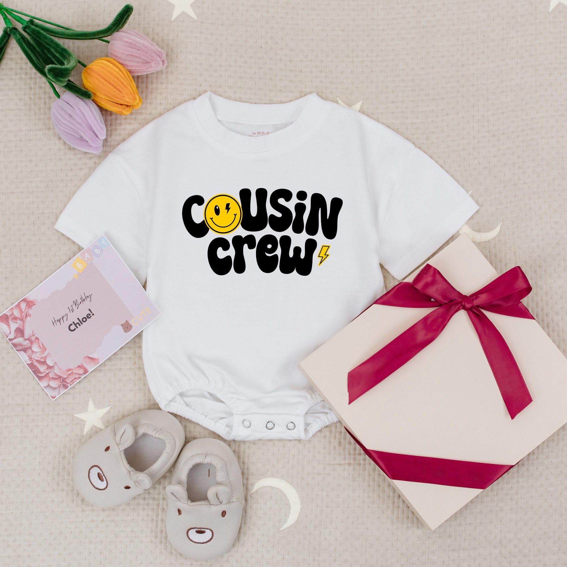 Groovy Cousin Crew Smiley Face Baby Romper Natural Babysuit for Matching Cousins perfect for family trips and playful retro moments.