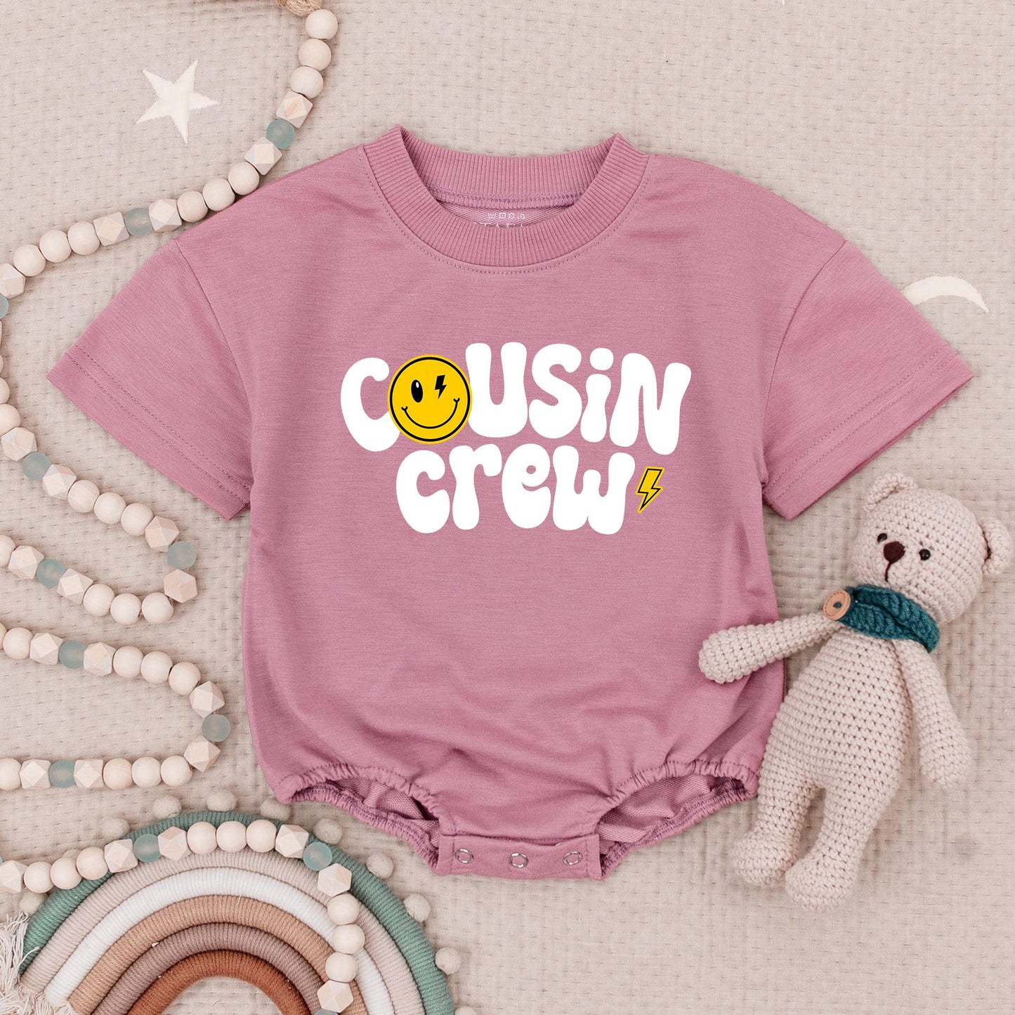 Groovy Cousin Crew Smiley Face Baby Romper Natural Babysuit for Matching Cousins perfect for family trips and playful retro moments.