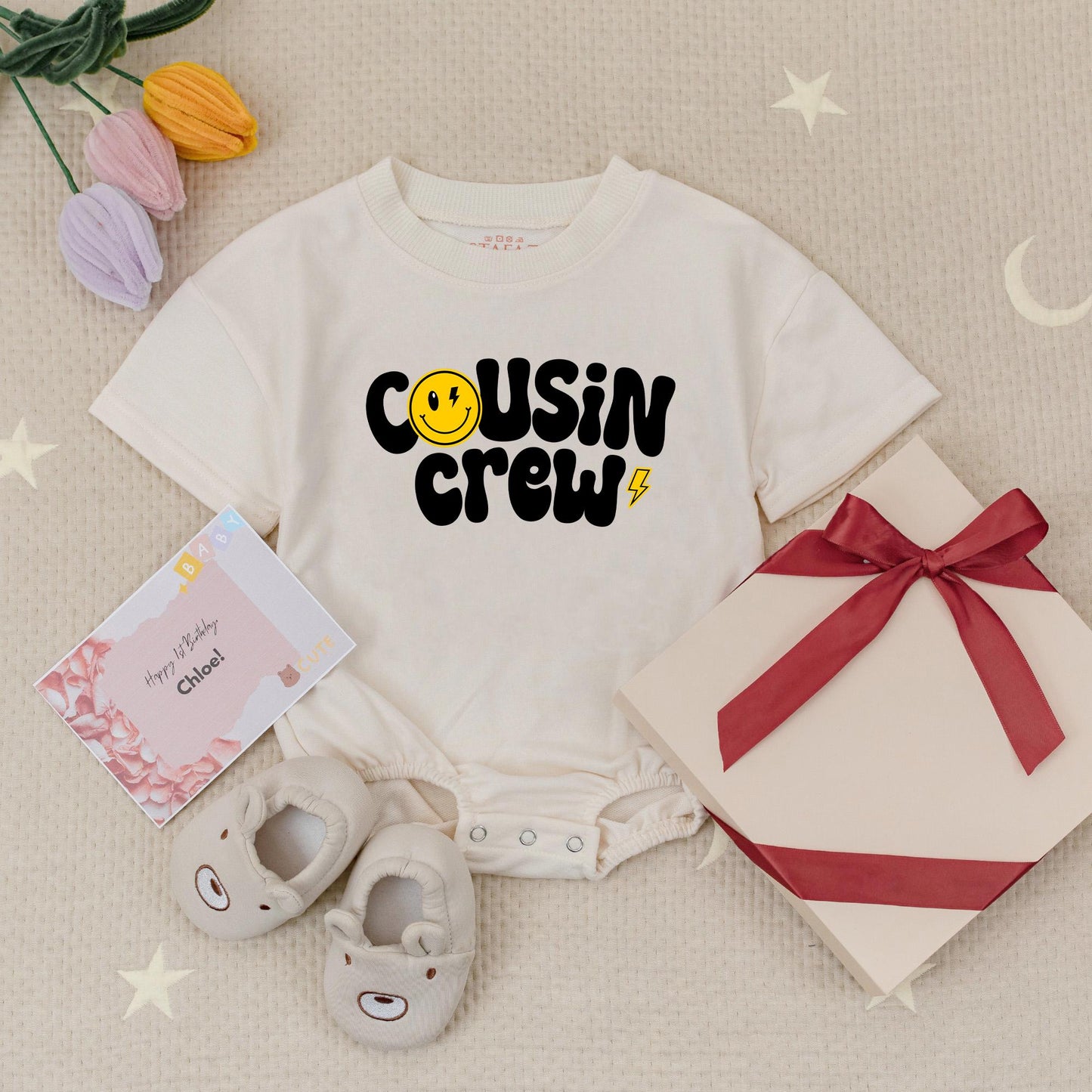 Groovy Cousin Crew Smiley Face Baby Romper Natural Babysuit for Matching Cousins perfect for family trips and playful retro moments.