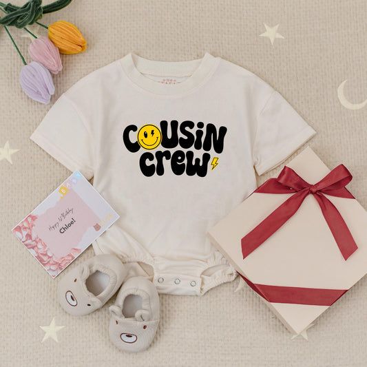 Groovy Cousin Crew Smiley Face Baby Romper Natural Babysuit for Matching Cousins perfect for family trips and playful retro moments.