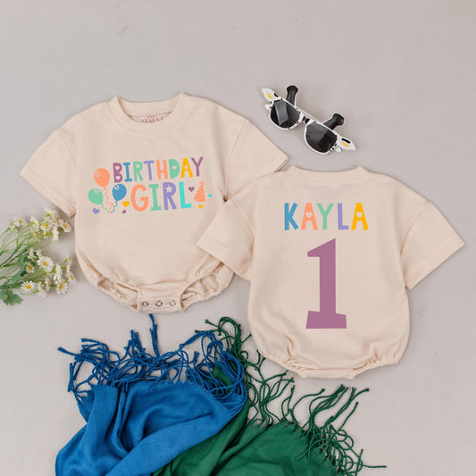 Personalized First Birthday Girl Romper Colorful Name Baby Bodysuit First Birthday Outfit Cake Smash Gift for Infant