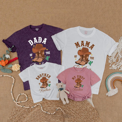 Dada Mama Brother My First Rodeo Birthday Matching Family Shirts Western Cowboy Boots Cactus Stars Rope Font