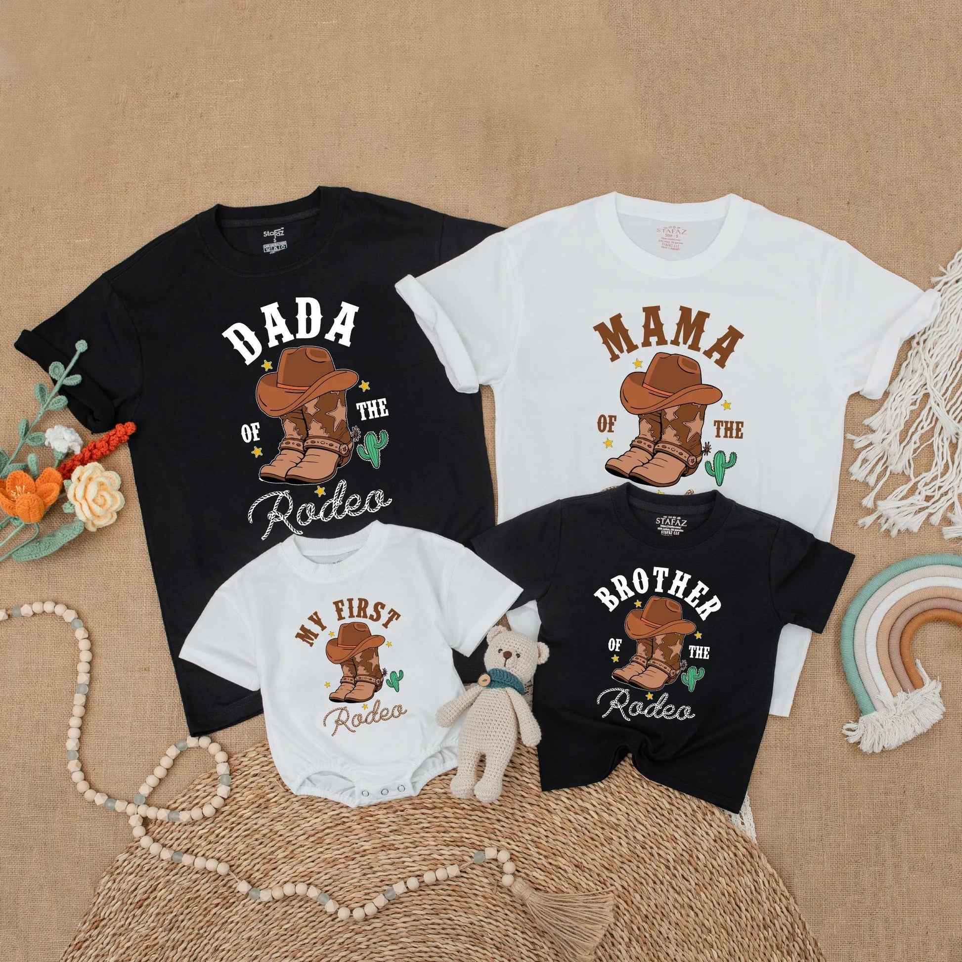 Dada Mama Brother My First Rodeo Birthday Matching Family Shirts Western Cowboy Boots Cactus Stars Rope Font