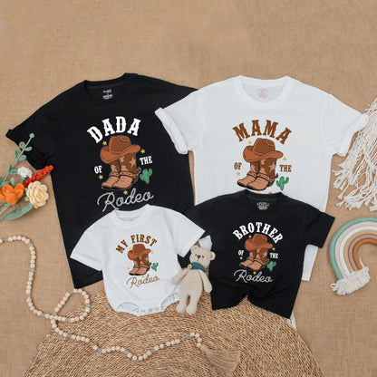 Dada Mama Brother My First Rodeo Birthday Matching Family Shirts Western Cowboy Boots Cactus Stars Rope Font