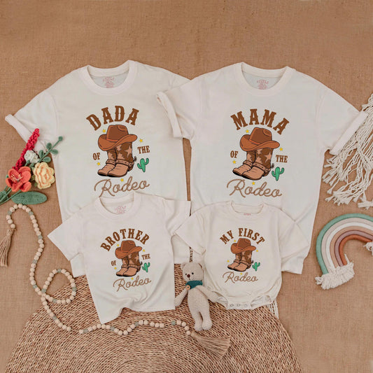 Dada Mama Brother My First Rodeo Birthday Matching Family Shirts Western Cowboy Boots Cactus Stars Rope Font