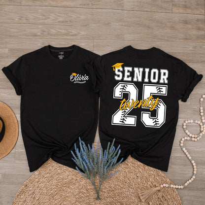 Custom Senior 2025 Baseball T-Shirt Graduation Gift Class of 25 Ideal Game Day Senior Night Shirt for Proud Baseball Moms.