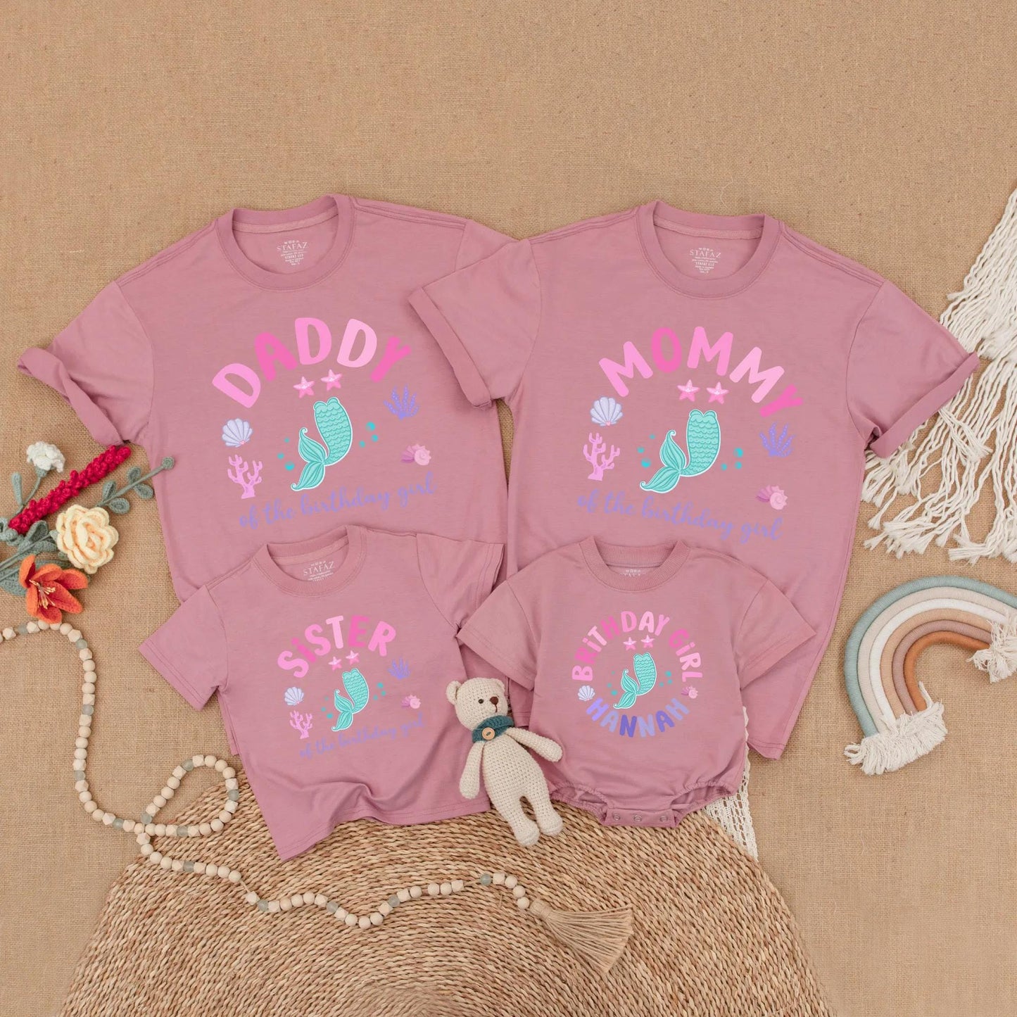 Mermaid Birthday Girl Family Matching Shirts Hannah's First Birthday Toddler Mermaid Tail Party Outfit Turquoise Stars Coral Seashells