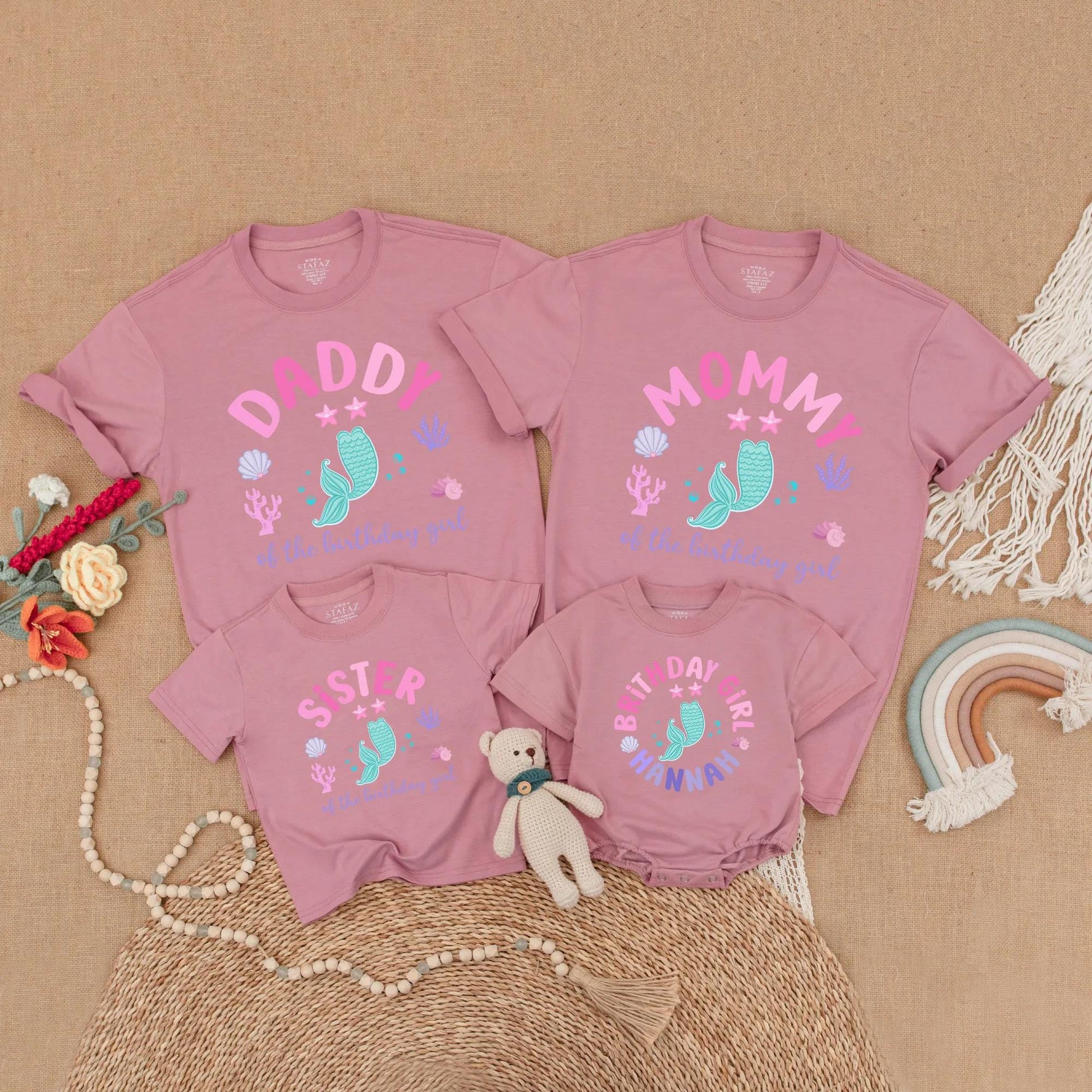 Mermaid Birthday Girl Family Matching Shirts Hannah's First Birthday Toddler Mermaid Tail Party Outfit Turquoise Stars Coral Seashells