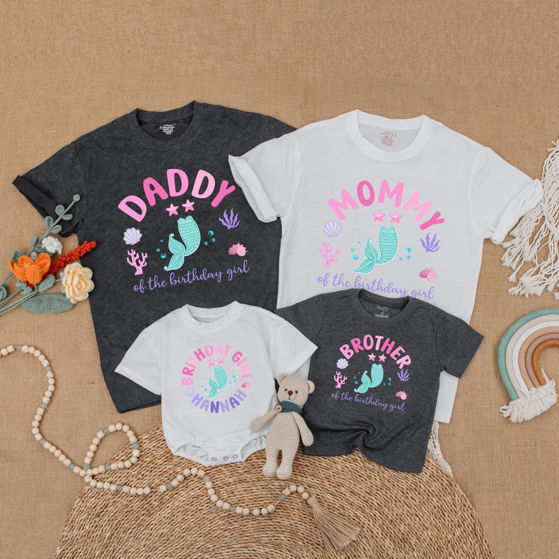 Mermaid Birthday Girl Family Matching Shirts Hannah's First Birthday Toddler Mermaid Tail Party Outfit Turquoise Stars Coral Seashells