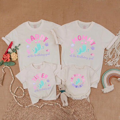 Mermaid Birthday Girl Family Matching Shirts Hannah's First Birthday Toddler Mermaid Tail Party Outfit Turquoise Stars Coral Seashells