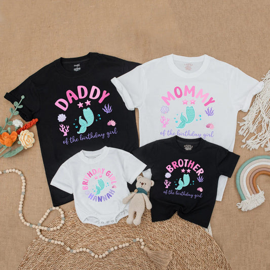 Mermaid Birthday Girl Family Matching Shirts Hannah's First Birthday Toddler Mermaid Tail Party Outfit Turquoise Stars Coral Seashells