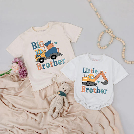 Matching Big Brother Little Brother Construction Truck Shirts Boy Birthday Gift Outfit Baby Toddler Clothes, Digger Design