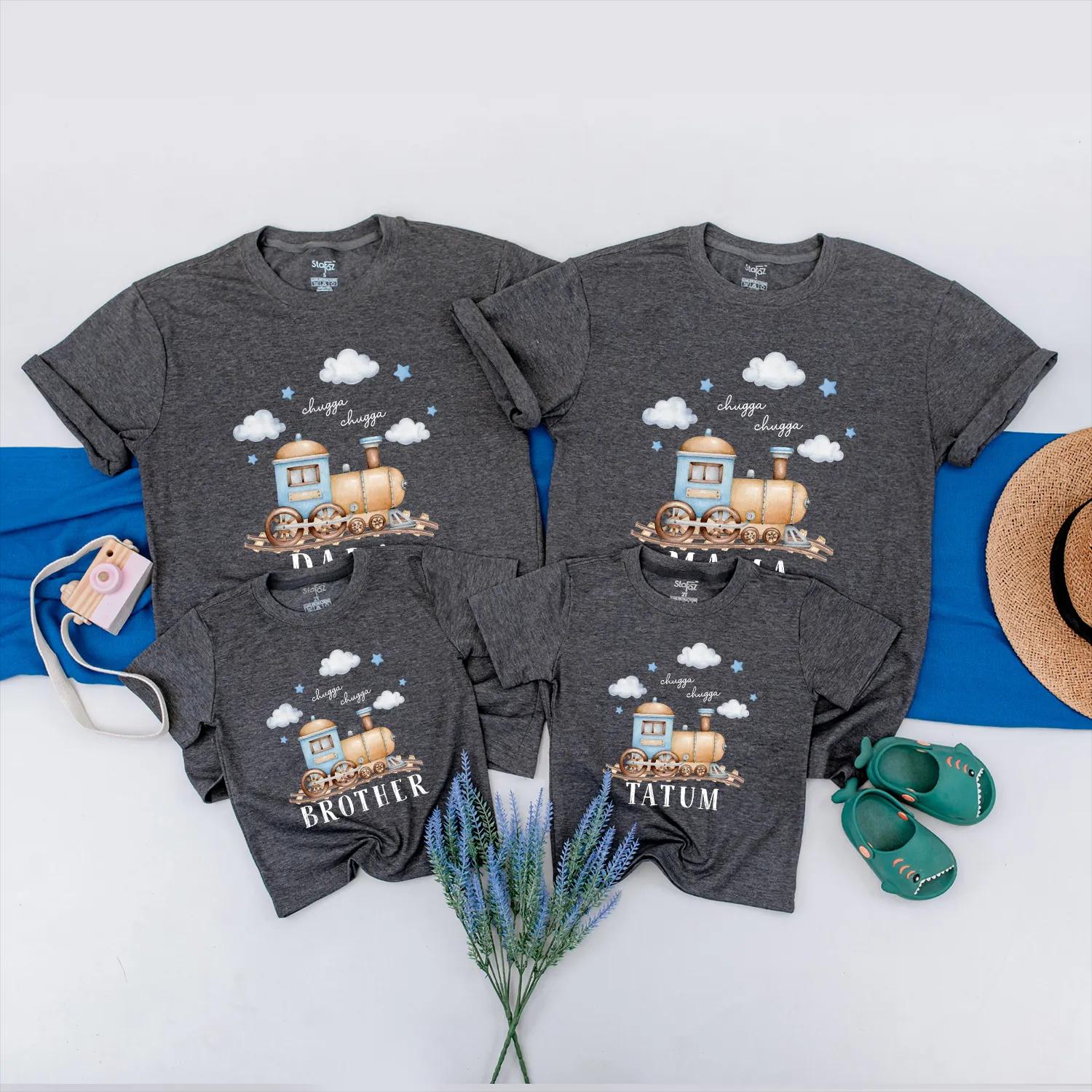 Personalized Train Birthday Shirt for Baby Boy Chugga Chugga Matching Family Outfits Name Romper Toddler Birthday Party Tee Look