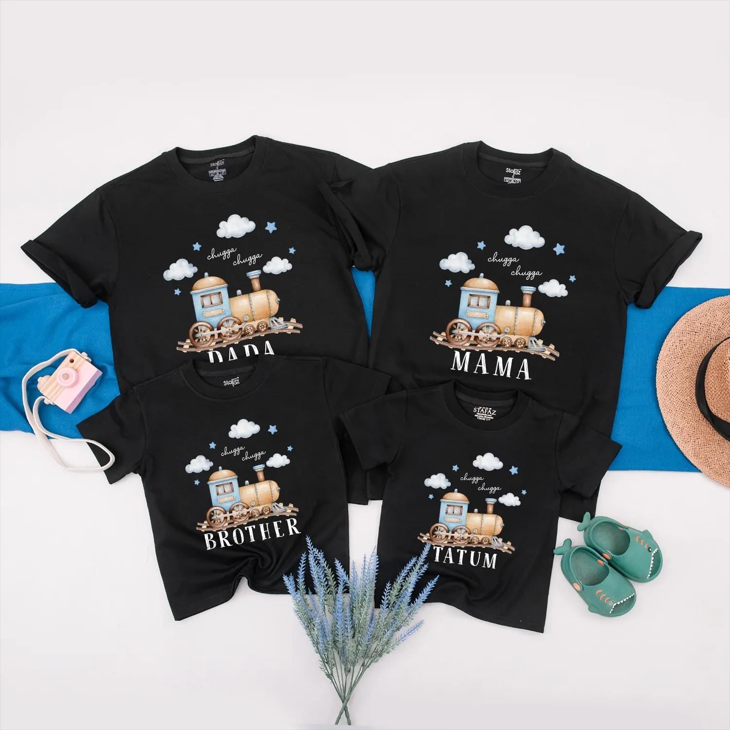 Personalized Train Birthday Shirt for Baby Boy Chugga Chugga Matching Family Outfits Name Romper Toddler Birthday Party Tee Look