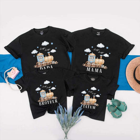 Personalized Train Birthday Shirt for Baby Boy Chugga Chugga Matching Family Outfits Name Romper Toddler Birthday Party Tee Look