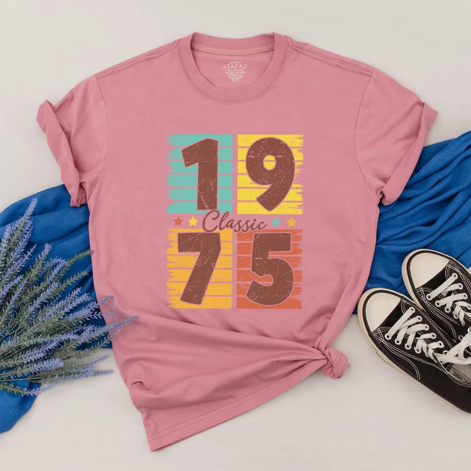Personalized 1975 Birthday Shirt, Retro 50th Birthday Gift, Turquoise Yellow Orange Stripes, Classic Vintage Style, Custom Made Year Gift Idea