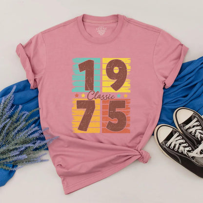 Personalized 1975 Birthday Shirt, Retro 50th Birthday Gift, Turquoise Yellow Orange Stripes, Classic Vintage Style, Custom Made Year Gift Idea
