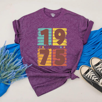 Personalized 1975 Birthday Shirt, Retro 50th Birthday Gift, Turquoise Yellow Orange Stripes, Classic Vintage Style, Custom Made Year Gift Idea
