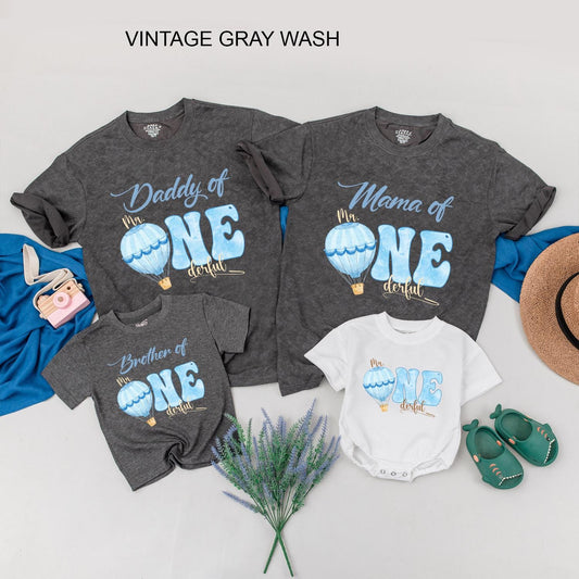 Little Mr Onederful Blue Air Balloon Birthday Shirt for Boys First Birthday Party Outfit Mr One Derful Tee