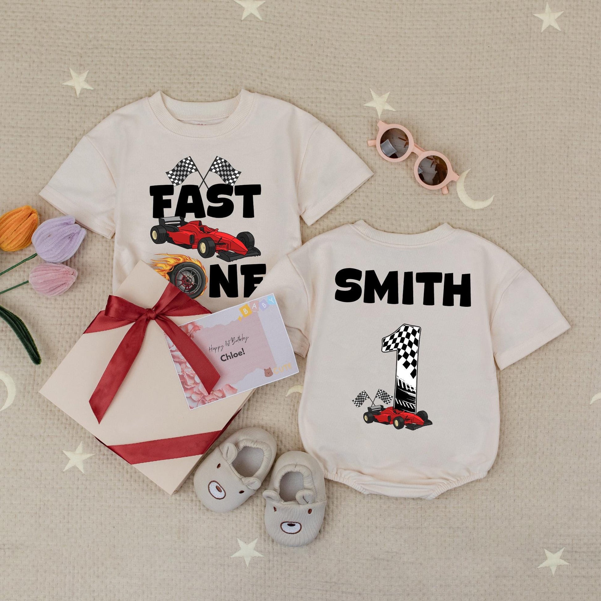 Fast One Race Car 1st Birthday Baby Romper Set, Checkered Flag Bodysuit, Personalized Smith Outfit, Boy First Birthday Gift, Soft Cotton 130