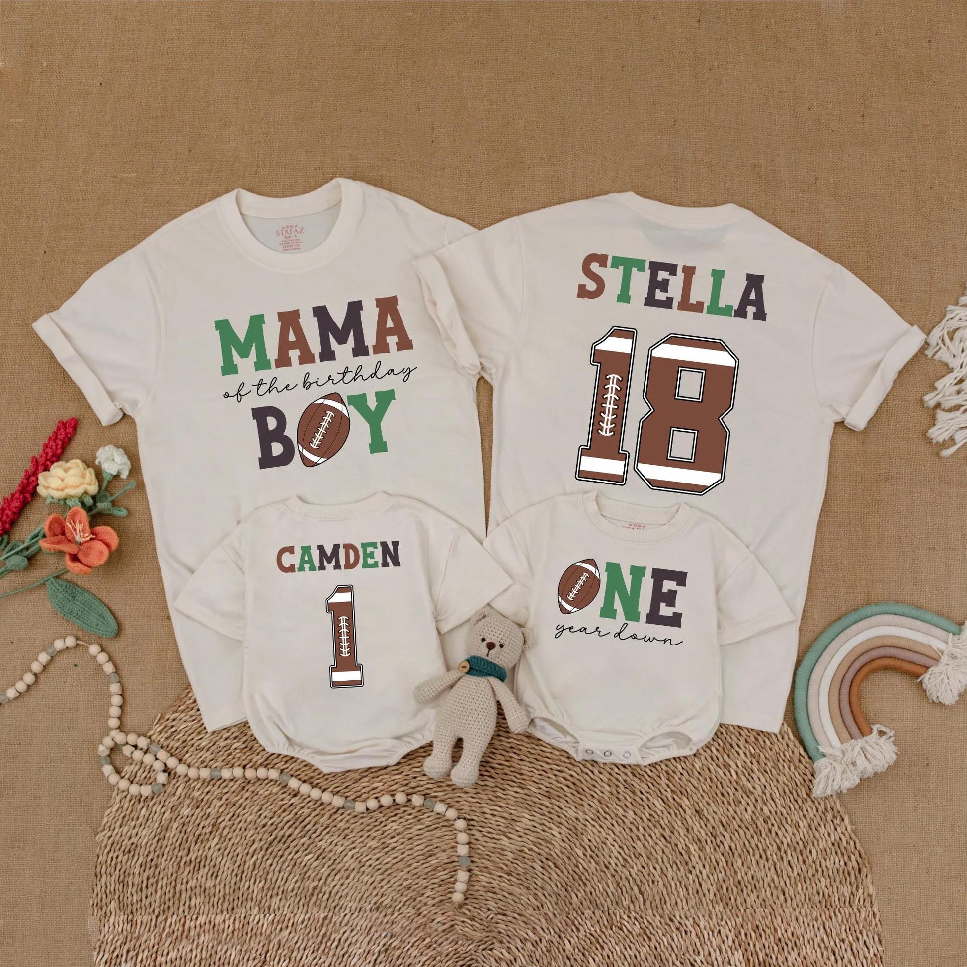 Football First Birthday Matching Family Shirts, Custom Name Number One Year Old Outfit, Birthday Boy Romper, First Birthday Party Gift, Sports Theme (138 chars)