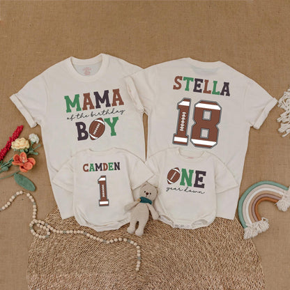 Football First Birthday Matching Family Shirts, Custom Name Number One Year Old Outfit, Birthday Boy Romper, First Birthday Party Gift, Sports Theme (138 chars)
