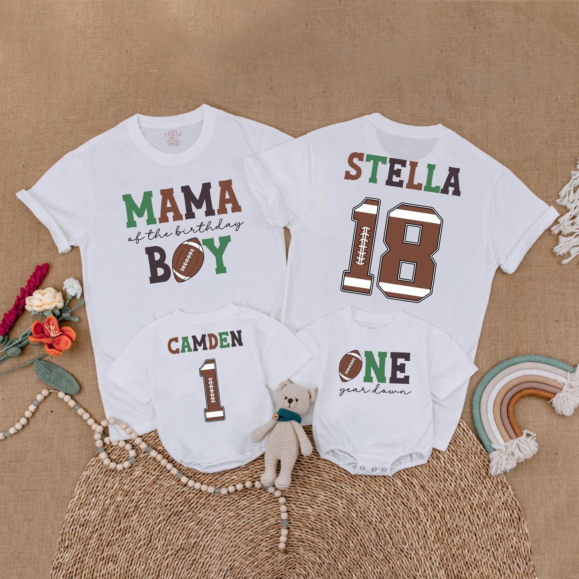 Football First Birthday Matching Family Shirts, Custom Name Number One Year Old Outfit, Birthday Boy Romper, First Birthday Party Gift, Sports Theme (138 chars)