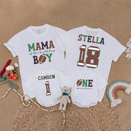 Football First Birthday Matching Family Shirts, Custom Name Number One Year Old Outfit, Birthday Boy Romper, First Birthday Party Gift, Sports Theme (138 chars)
