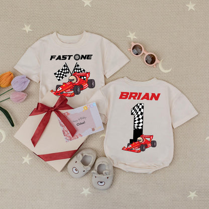 Fast One 1st Birthday Race Car Baby Romper with Checkered Flag Design, Number One Brian Racing Theme Outfit for Boys Infant Celebration