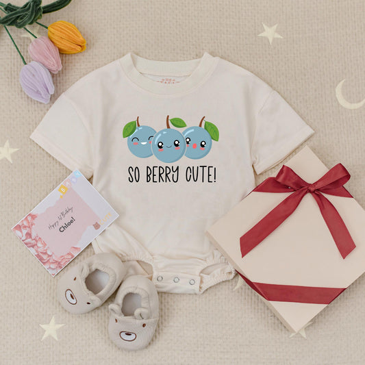 So Berry Cute Romper: Smiling Blueberry Baby Outfit, Fruit Babysuit, Sweet Take Home Clothes, Cartoonish Design for Little Girls, Comfortable Cotton Blend