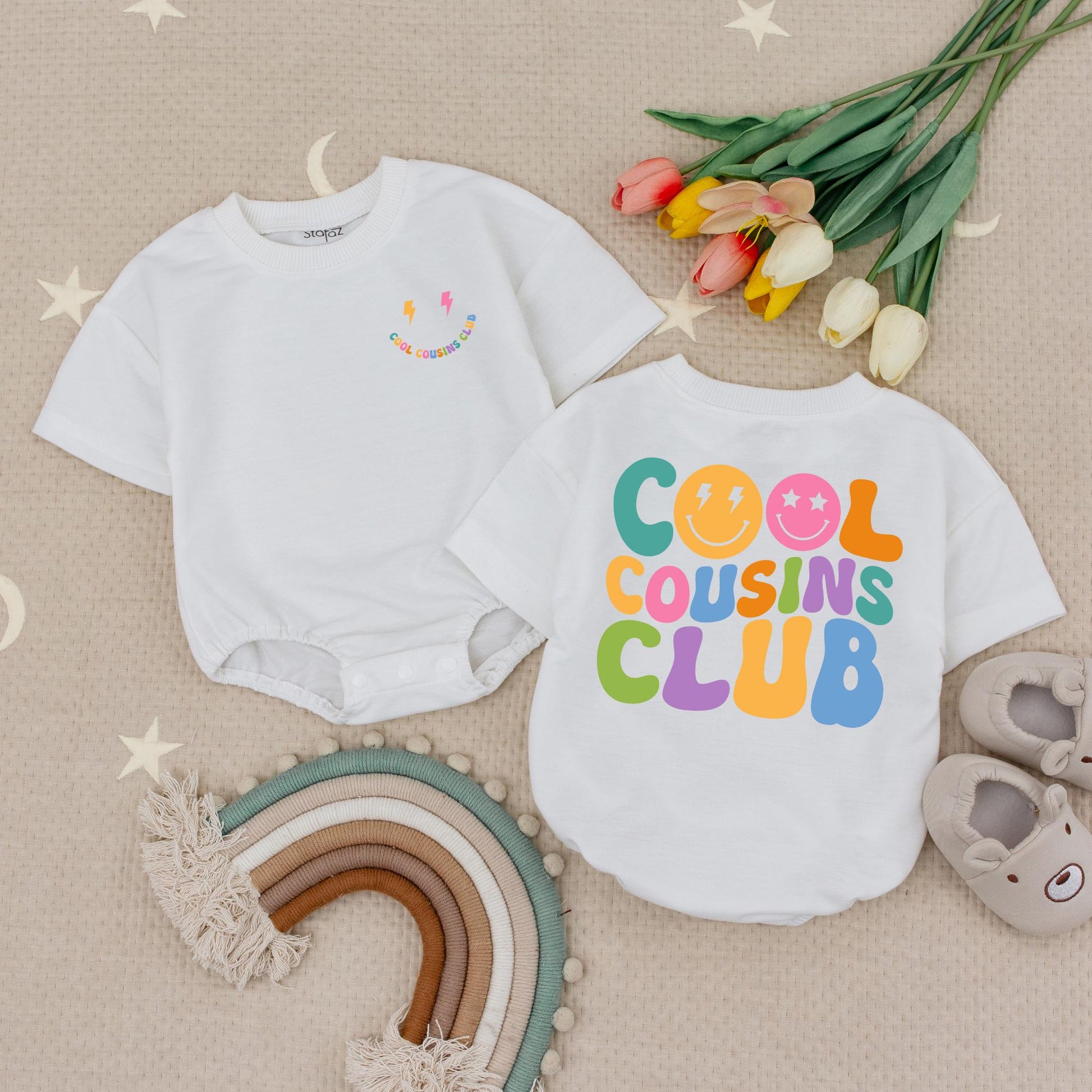 Cool Cousins Club Baby Romper Retro Smiley Face Lightning Bolt Bodysuit for Cousin Crew Family Reunion Natural Color Soft Cotton