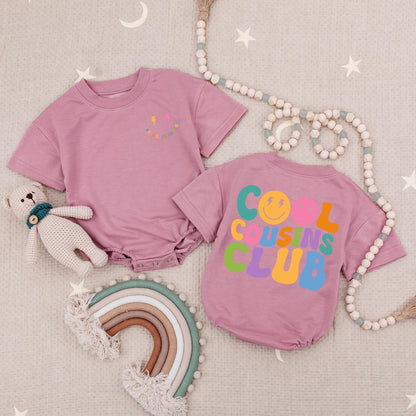 Cool Cousins Club Baby Romper Retro Smiley Face Lightning Bolt Bodysuit for Cousin Crew Family Reunion Natural Color Soft Cotton
