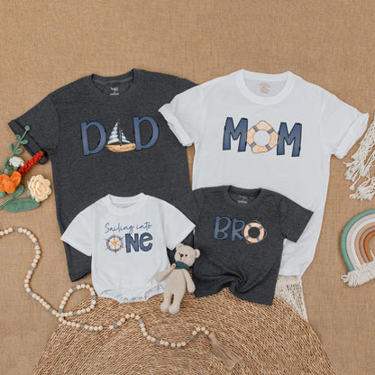 Sailing Into One Birthday Matching Family Shirts, Ahoy Nautical Theme, Custom Name 1st Birthday Boy Outfit, Ocean Adventure Cake Smash, First Mate Party