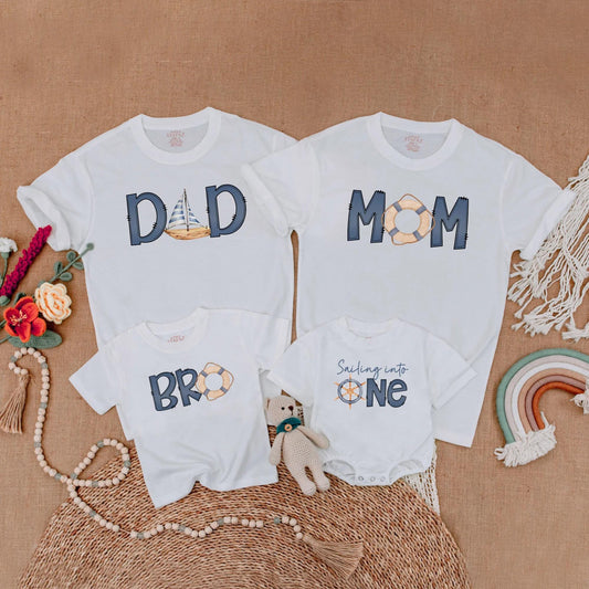Sailing Into One Birthday Matching Family Shirts, Ahoy Nautical Theme, Custom Name 1st Birthday Boy Outfit, Ocean Adventure Cake Smash, First Mate Party