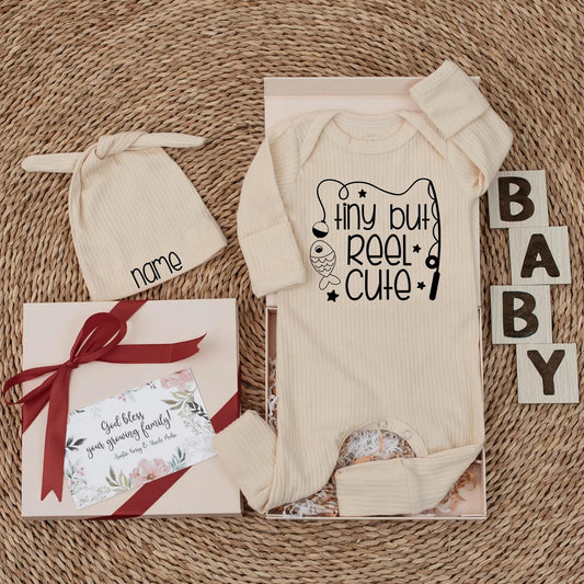 Tiny But Reel Cute Fishing Baby Bodysuit, Whimsical Newborn Outfit with Starry Fish Design, Natural Cotton Baby Shower Gift Idea, 130-140 chars