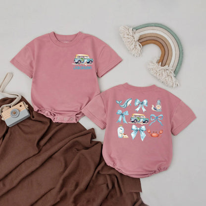 Custom Beach Bubble Romper for Baby Blue Bow Crab Summer Van Bodysuit Personalized Name Beach Baby Outfit Cute Seaside Gift