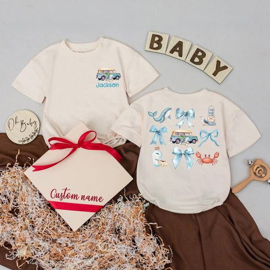 Custom Beach Bubble Romper for Baby Blue Bow Crab Summer Van Bodysuit Personalized Name Beach Baby Outfit Cute Seaside Gift