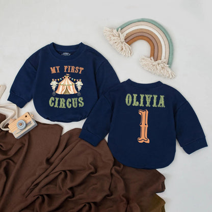 My First Circus Romper Personalized 1st Birthday Outfit Retro Carnival Tent Theme Custom Name Celebration Clothes Baby