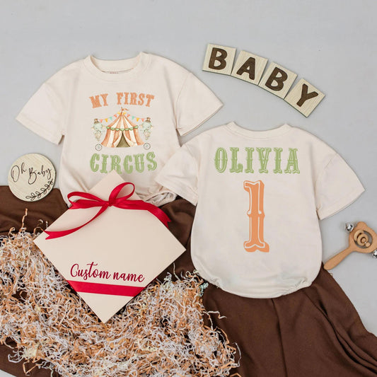My First Circus Romper Personalized 1st Birthday Outfit Retro Carnival Tent Theme Custom Name Celebration Clothes Baby