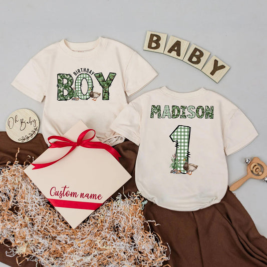 Lucky Duck 1st Birthday Romper Baby Boy Outfit One Lucky Duck Theme Custom Name Green Gingham First Birthday Bubble Baby Shower Gift