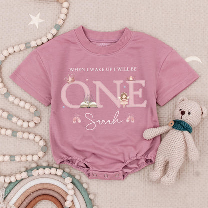 When I Wake Up I Will Be One Cute Pink Fairy Crown Romper Personalized Sarah First Birthday Outfit Baby Girl Gift