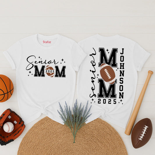 Personalized Senior Football Mom 2025 T-Shirt with Player Name and Number Two-Sided Design Comfortable Game Day Shirt for Senior Graduation